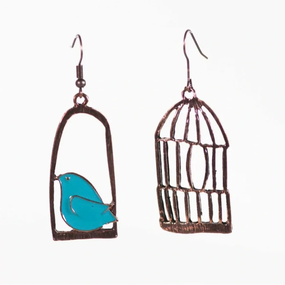 Blue Bird and Cage Asymmetrical Earrings
